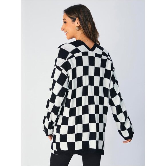 Women's Oversized Checkered Sweater Cardigan Long Sleeve Open Front Tops - Picture 2 of 5